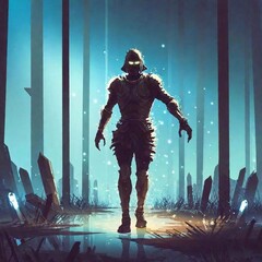 Obraz premium An undead knight in a suit of armor and glowing hands, stumbling in the jungle, surrounded by glowing blue crystals, digital art style, illustration painting.