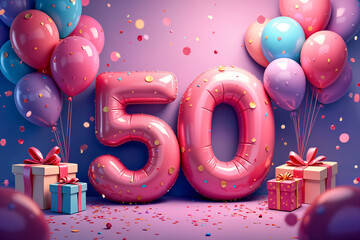50th birthday card. Large, pink number 50 with confetti and balloons around it, celebrating a milestone or birthday.