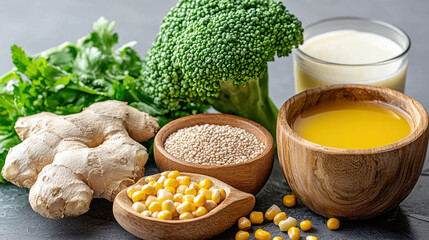A vibrant assortment of fresh herbs and ingredients, including broccoli, ginger, corn, and sauce, offers a healthy culinary inspiration.