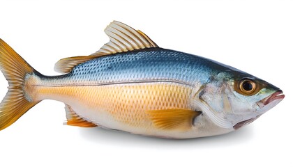 Obraz premium One isolated, fresh, raw sea bass fish on a white background