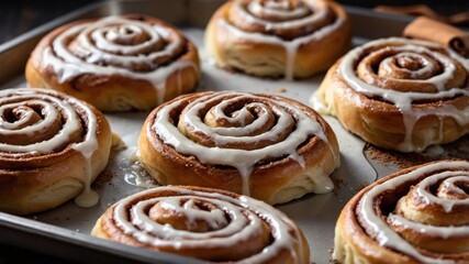 Freshly baked cinnamon rolls drizzled with icing, arranged on a baking tray.
