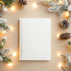 Fototapeta premium Blank book standing upright on a wooden table, surrounded by Christmas lights, pinecones, and festive garland