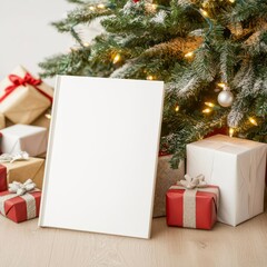 Book mockup with blank cover, leaning against a Christmas tree, with presents and soft warm lighting in the background