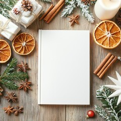 Book with a blank cover, leaning on a rustic wooden table, surrounded by holiday spices, dried oranges, and Christmas decor