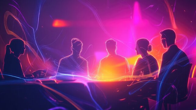 An abstract representation of a collaborative brainstorming session with luminous shapes and flowing lines surrounding thoughtful figures.