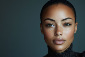 A beautiful black woman with clean and healthy skin looks straight ahead and shows the perfect facial structure.
