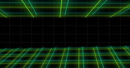 VJ loop space like grid changing colors moving animation bg . Colorful squares moving geometric loop. Future travel transition asset. Dark shiny hologram hud asset. Mesh like shiny tiles. Cloud dots