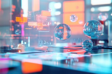 An abstract representation of a digital workspace filled with floating augmented reality elements, symbolizing creativity and technological advancement.