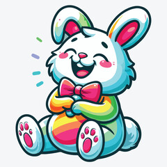 Naklejka premium Bunny Character. Sitting and Laughing Funny, Happy Easter Rabbit. stock illustration
