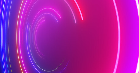 3d Neon circles moving bg. Show starter intro background for videos, titles. Glowing circles light laser like glowing geometric 3d hypnotizing backdrop. Striped neon club bg. Illuminated swirl curve.
