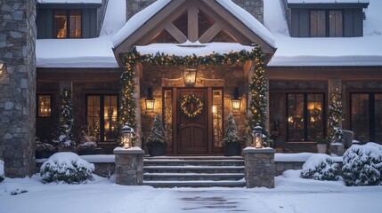 Fototapeta premium Snowy Stone House Entrance Decorated with Christmas Lights and Greenery