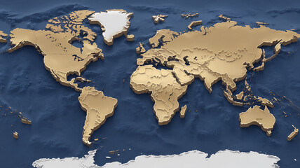Fototapeta premium Three-dimensional golden world map highlighting continents and oceans in detailed relief against a dark blue background