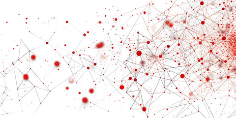 A network and connection concept with red and white digital elements, symbolizing data transfer, communication, and interconnected systems, visualized through dynamic lines and nodes representing a mo