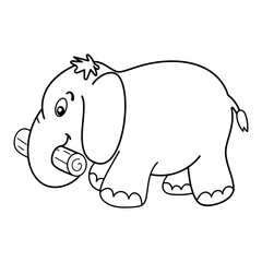 Cute elephant with a log. This black-and-white vector image shows an adorable cartoon elephant in a playful, friendly style. It’s holding a small log in its trunk.