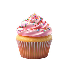 A delicious cupcake with pink frosting and colorful sprinkles, perfect for celebrations.
