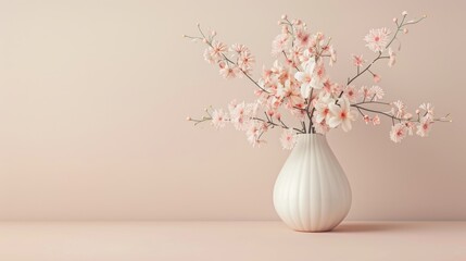 3D render of a delicate flower vase with pastel blooms, set against a pale background, capturing soft and serene tones