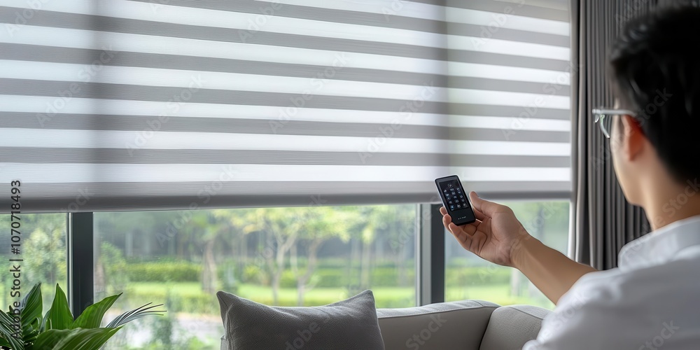 Poster a person using a remote control to adjust modern window blinds in a bright room with a view of green