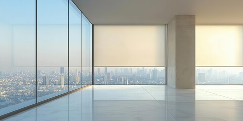 Fototapeta premium A modern, minimalistic interior with large glass windows offering a panoramic city view, showcasing sleek design and bright lighting.
