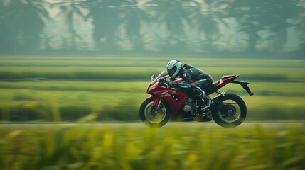 Obraz premium A superbike in motion, captured against a backdrop of lush, green rice fields