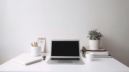Minimalist Workspace with Laptop and Green Plant