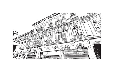 Print Building view with landmark of Valparaiso is a city in United States. Watercolor splash with hand drawn sketch illustration in vector.