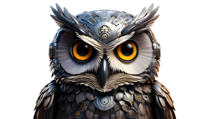 Charming owl robot, on transparency background PNG