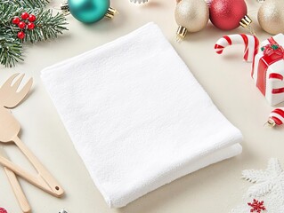 Kitchen towel, blank and clean, folded neatly on a counter, next to holiday-themed baking tools and festive decorations