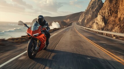 Obraz premium A superbike racing along a coastal cliff road, the ocean waves crashing below