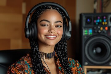 Young woman wearing headphones smiles enthusiastically in a music studio while recording vocals