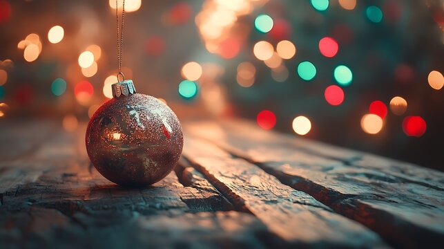 A weathered table with a shiny vintage ornament suspended on the side, softly blurred background featuring red and green bokeh holiday lights, subtle shadows and highlights, festive mood. --ar 16:9