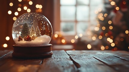 A weathered wooden table featuring a snow globe, softly blurred background with warm holiday lights, creating a nostalgic and serene Christmas scene. --ar 16:9