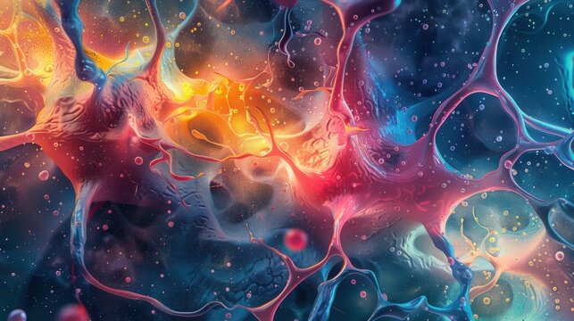 An abstract, artistic representation of brain cells, using bold colors and shapes