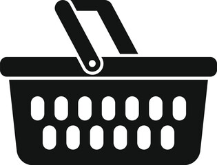 Black shopping basket icon isolated on white background, symbolizing retail, purchases, and consumerism