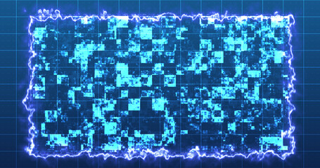 Modern technology intro digital shiny squares moving hud with a fiery border. Hud science fiction digital data representation cyber growth bg.Info concept nodes copy space for writing light grid.