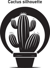 A dark, minimalist cactus silhouette against a desert sunset, showcasing sharp, spiky arms in striking contrast.