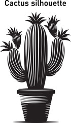 A dark, minimalist cactus silhouette against a desert sunset, showcasing sharp, spiky arms in striking contrast.