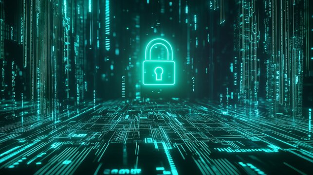 Glowing Green Lock Symbol with Circuit Board Cyber Protection Concept, Cybersecurity, Encryption Concept