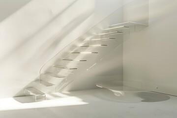 A floating staircase with clear acrylic steps, a minimalist metal handrail, and a white backdrop