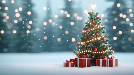 Christmas Tree with Presents in Snowy Forest.