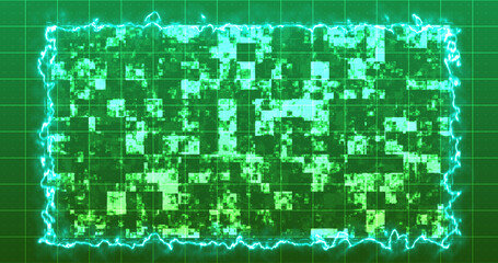 Modern technology intro digital shiny squares moving hud with a fiery border. Hud science fiction digital data representation cyber growth bg.Info concept nodes copy space for writing light grid.