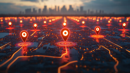 glowing location pin on an interactive digital map, symbolizing precision, connectivity, and navigation in modern technology. The vibrant display highlights data-driven exploration and spatial awarene