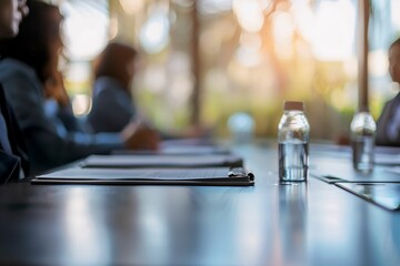 Business meeting scene with documents and water bottles on conference table