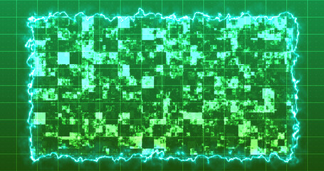 Modern technology intro digital shiny squares moving hud with a fiery border. Hud science fiction digital data representation cyber growth bg.Info concept nodes copy space for writing light grid.
