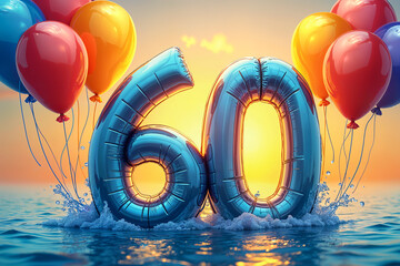 60th birthday card. Large, blue number 60 floating on water with balloons tied to it, suggesting a celebration of a 60th birthday or anniversary.