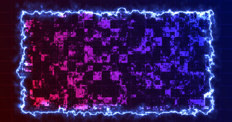 Modern technology intro digital shiny squares moving hud with a fiery border. Hud science fiction digital data representation cyber growth bg.Info concept nodes copy space for writing light grid.