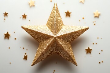 A golden Christmas star sparkles on a white background.