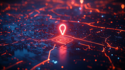 glowing location pin on an interactive digital map, symbolizing precision, connectivity, and navigation in modern technology. The vibrant display highlights data-driven exploration and spatial awarene