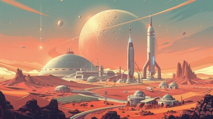 Children astronauts building a space colony on a Martian moon, constructing habitats and solar farms in a futuristic vector art style