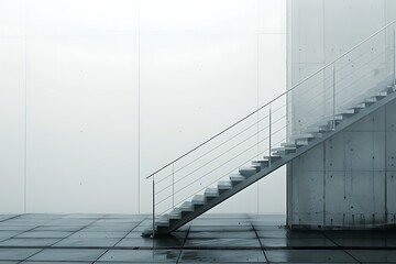 Fototapeta premium A minimalist staircase with black metal steps, cable railings, and a white backdrop