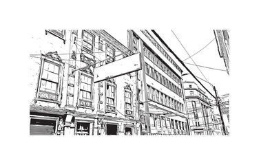 Print Building view with landmark of Valparaiso is a city in United States. Watercolor splash with hand drawn sketch illustration in vector.